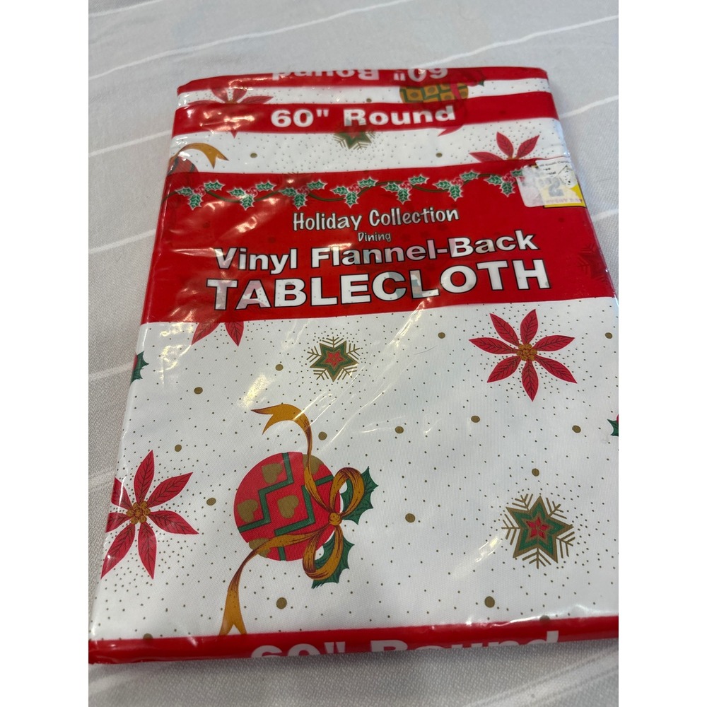 Holiday Collection Christmas Vinyl Flannel Back Tablecloth 60" Round Red White